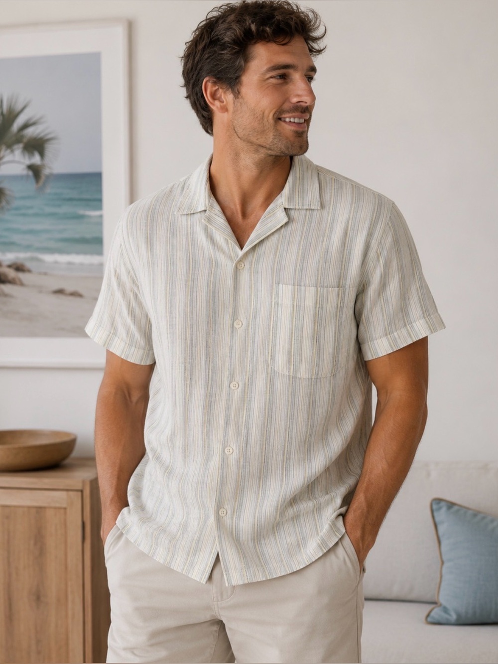 Mens XXL ALAN FLUSSER 100% Linen SHIRT Yellow Stripes Button Down Short Sleeves